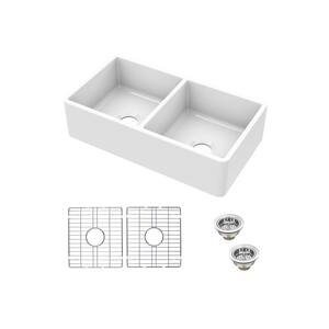 Fireclay 33 in. Double Bowl Apron-Front Farmhouse Kitchen Sink with Grid Set and Drain Assemblies