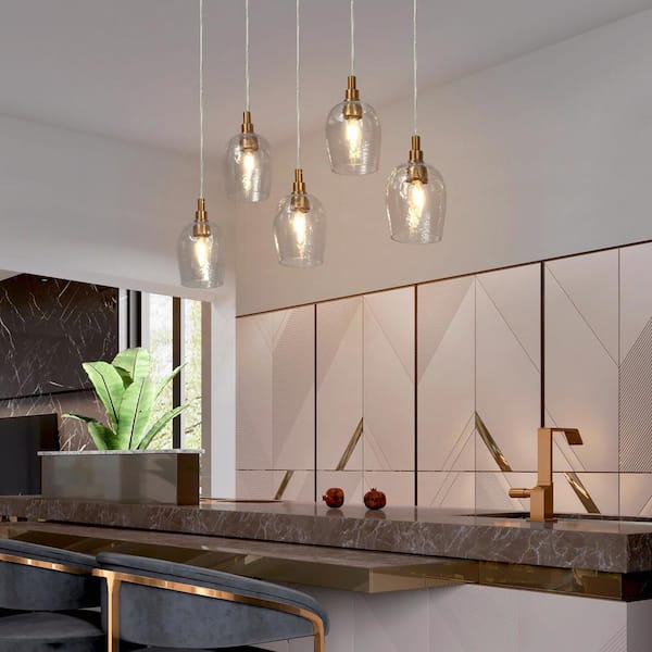 Uolfin Mid-Century Modern Kitchen Island Linear Chandelier 5-Light Plating Brass Chandelier with Hammered Glass Shades