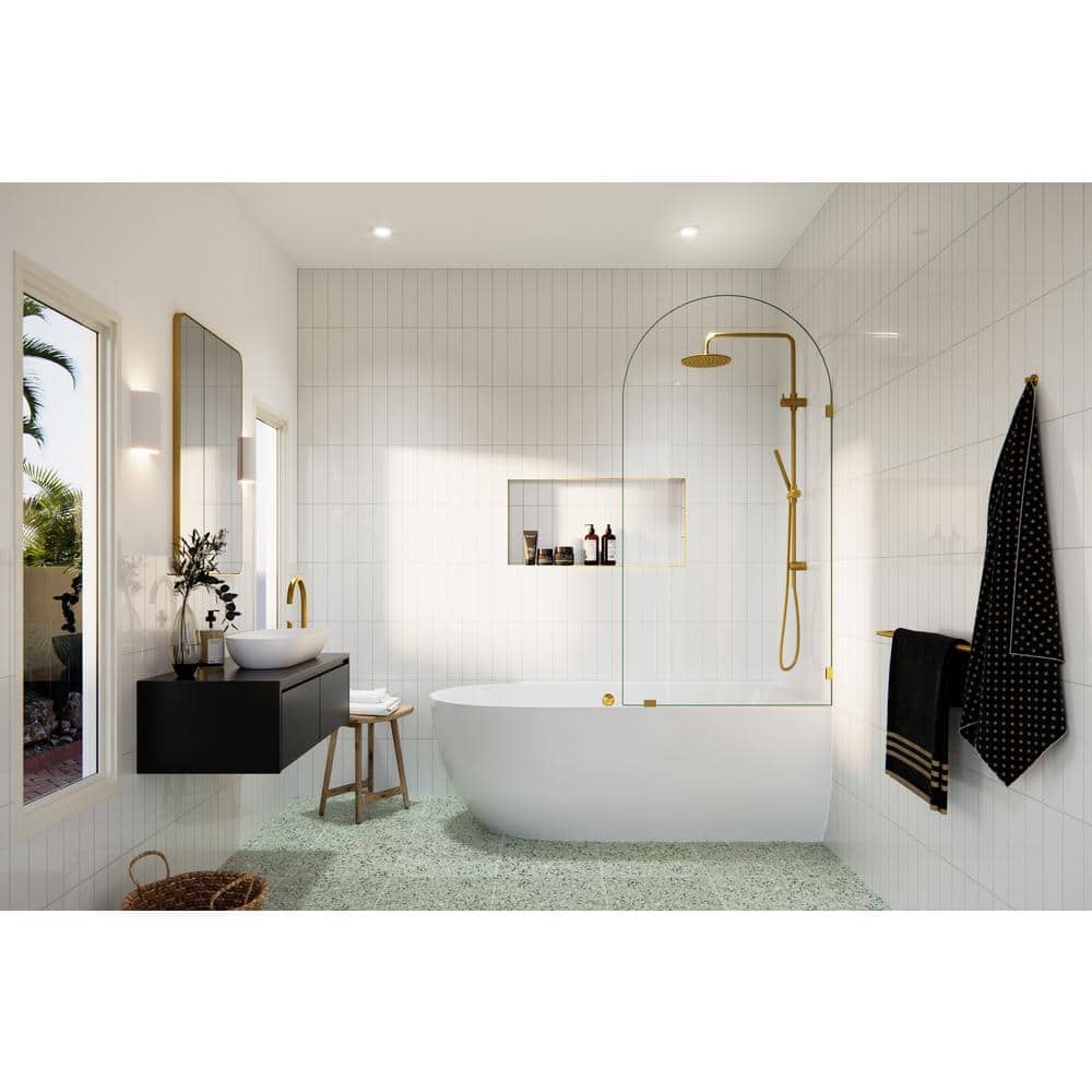 Venus 34 in. x 66.75 in. Frameless Arched Glass Bath Panel with Brass Hardware