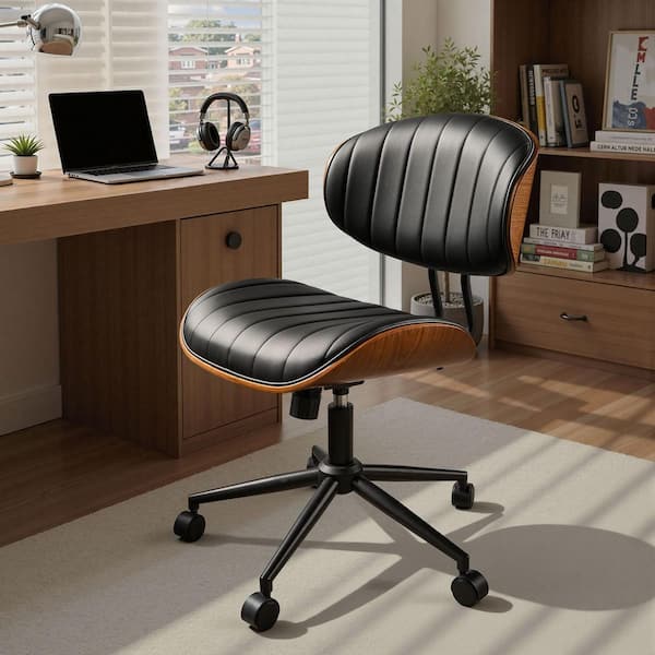 Cro PU Leather Swivel Ergonomic Armless Office Task Chair in Black with Tilting and Lumbar Support