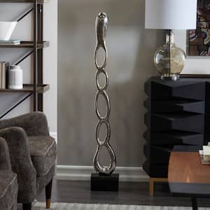 Silver Aluminum Tall Linked Floor Abstract Sculpture with Black Base