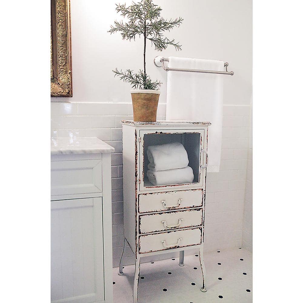 Distressed White Metal Cabinet with 3 Drawers and Open Shelf