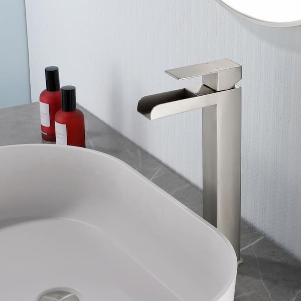 Single Handle Vessel Sink Faucet with Pop-Up Drain, Waterfall Single Hole Tall Bathroom Sink Faucet in Brushed Nickel