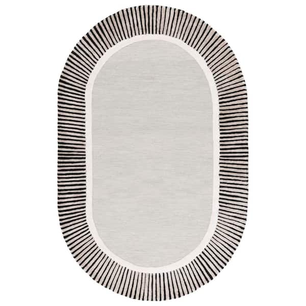 Fifth Avenue 5 ft. x 8 ft. Gray/Black Striped Border Solid Oval Area Rug