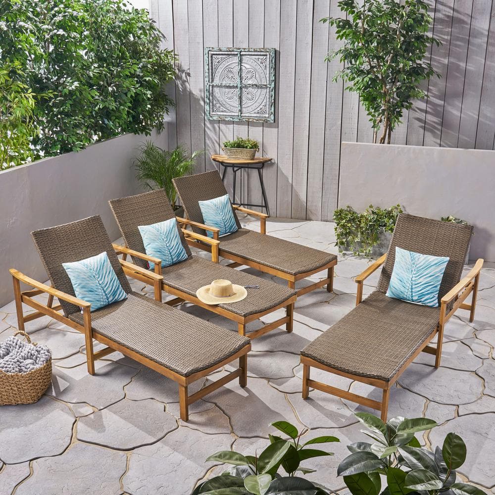 Rustic Acacia Wood & Wicker Chaise Lounge Set, Natural & Mocha