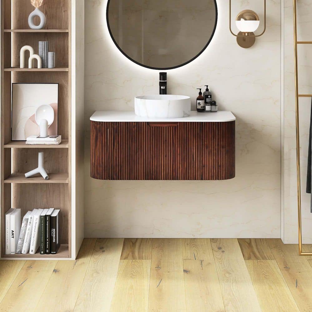 Yingze 36 in. Wall Mounted Single Sink Dark Walnut Bath Vanity