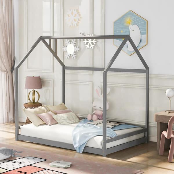 Harper & Bright Designs Gray Wood Frame Full Size House Platform Bed with Roof and Chimney