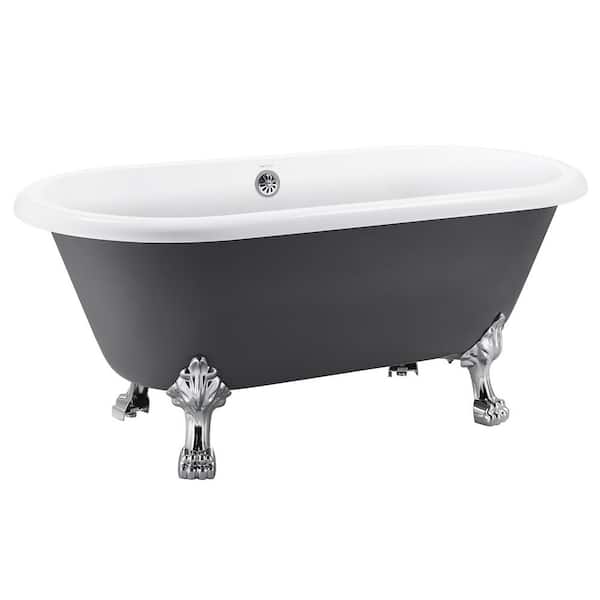 Mokleba 59 in. Roll Top Acrylic Bathtub Double Slipper Soaking Tub Traditional Clawfoot Bathtub in Gray