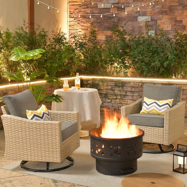 weaxty W Camelia Beige 3-Piece Wicker Patio Fire Pit Swivel Rocking Chair Seating Set with Dark Gray Cushions
