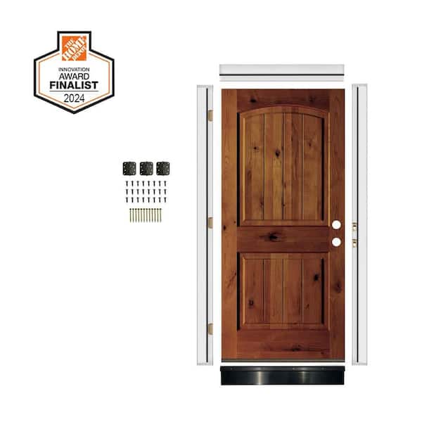 DIY 36 in. x 80 in. Alder 2-Panel Left-Hand Arch Top VG Red Chestnut Stain Wood Front Door Kit w/ Quick Assemble Jamb