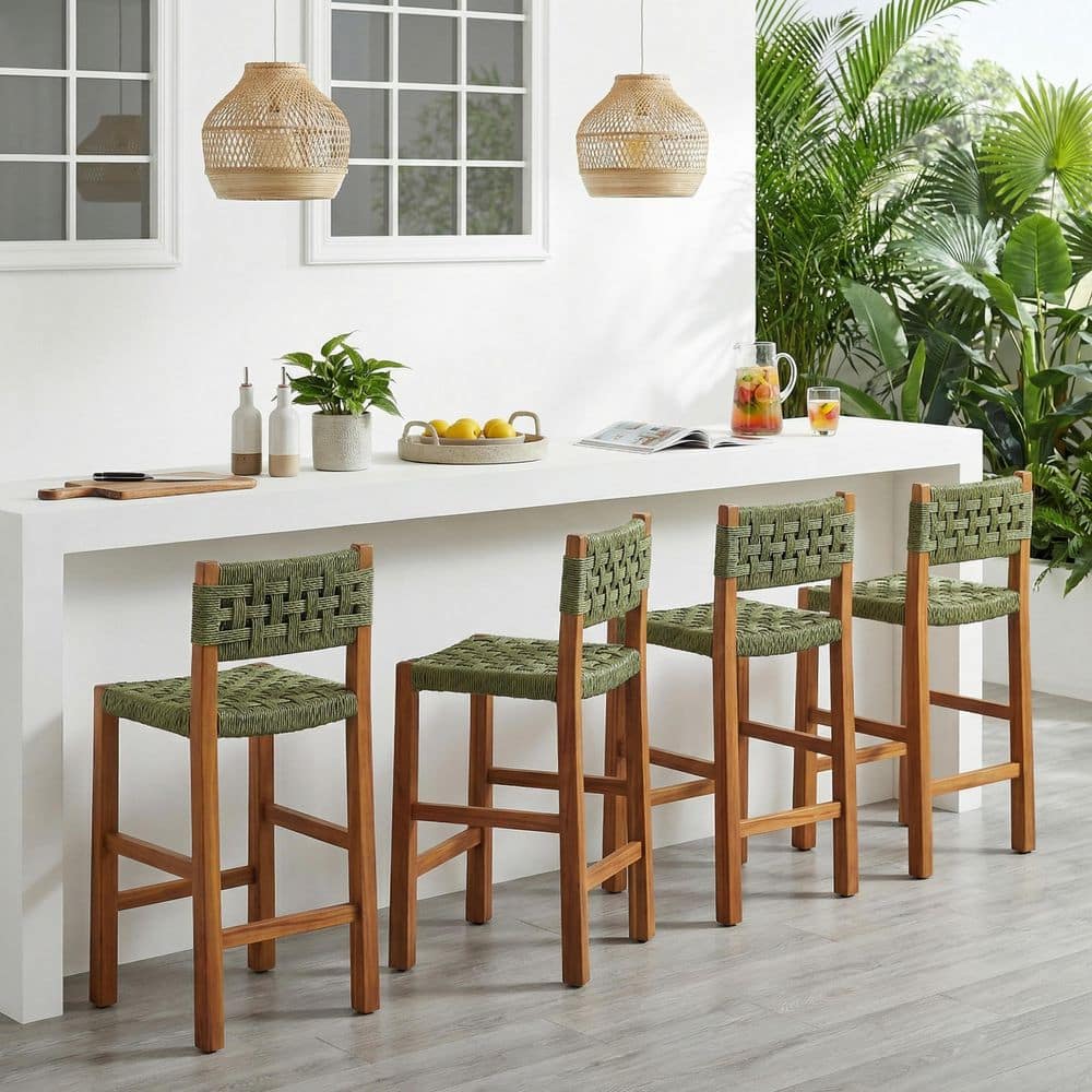 Cathan Solid Wood Outdoor Bar Stool with Green Wicker, Set of 4 price history on PriceWatchPro