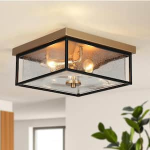 Modern 3-Light Dark Gold Flush Mount Light with Square Seeded Glass Panels, 12 in. Flat Black Ceiling Light for Entryway