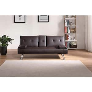 31 in. Wide Armless Faux Leather Mid-Century Modern Straight Sleeper Sofa in Brown