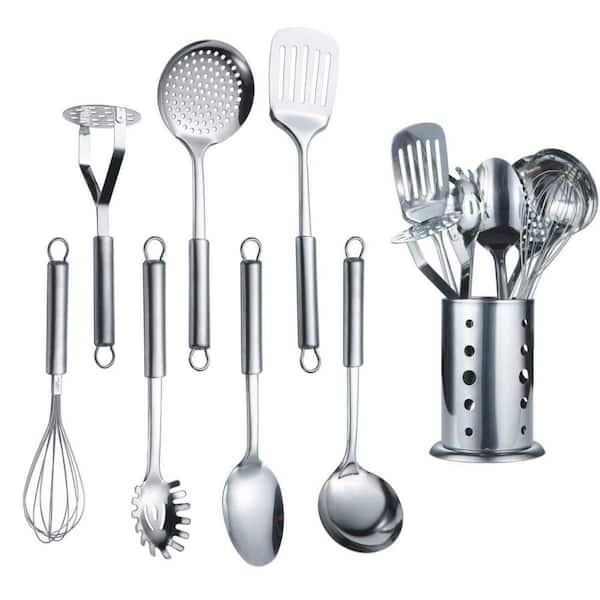 8-Piece Unique Effects Stainless Steel Mirror Finish Cooking Utensil Set Include Cooking Spoon, Spatula, Whisk, Cooking