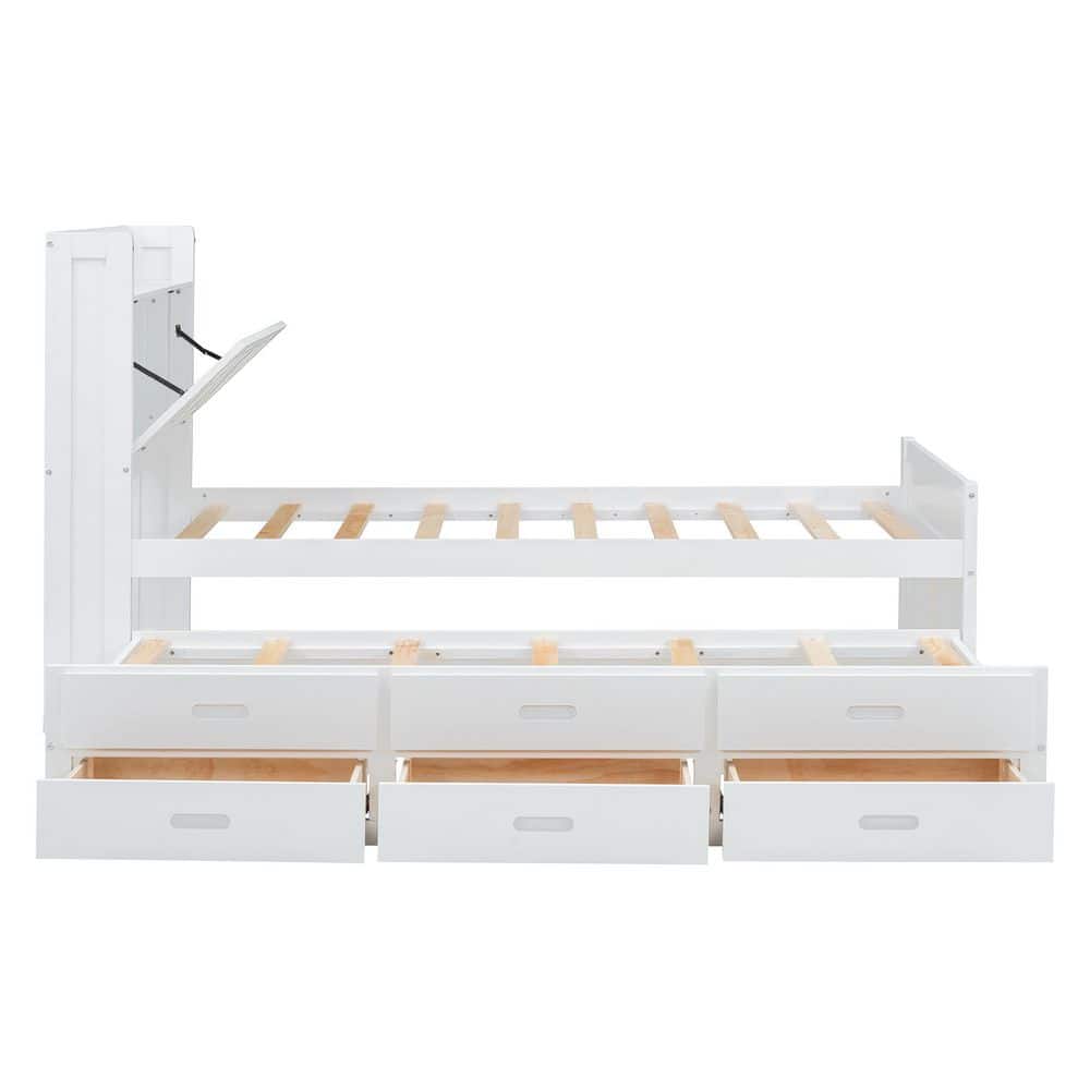 White Wood Frame Full Size Platform Bed with Storage Headboard, Outlets, Twin Size Trundle and 3 Storage Drawers - thumbnail 6