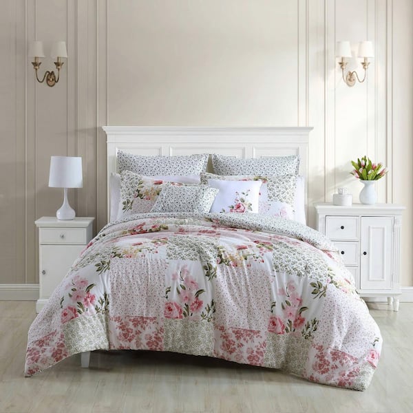 Laura Ashley Ailyn 7-Piece Red Floral Cotton King Comforter Bonus