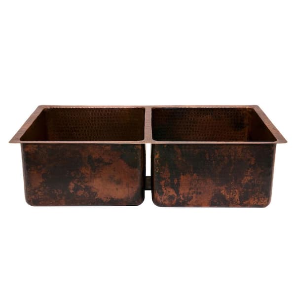 Undermount Hammered Copper 33 in. 0-Hole Double Bowl Kitchen Sink in Oil Rubbed Bronze