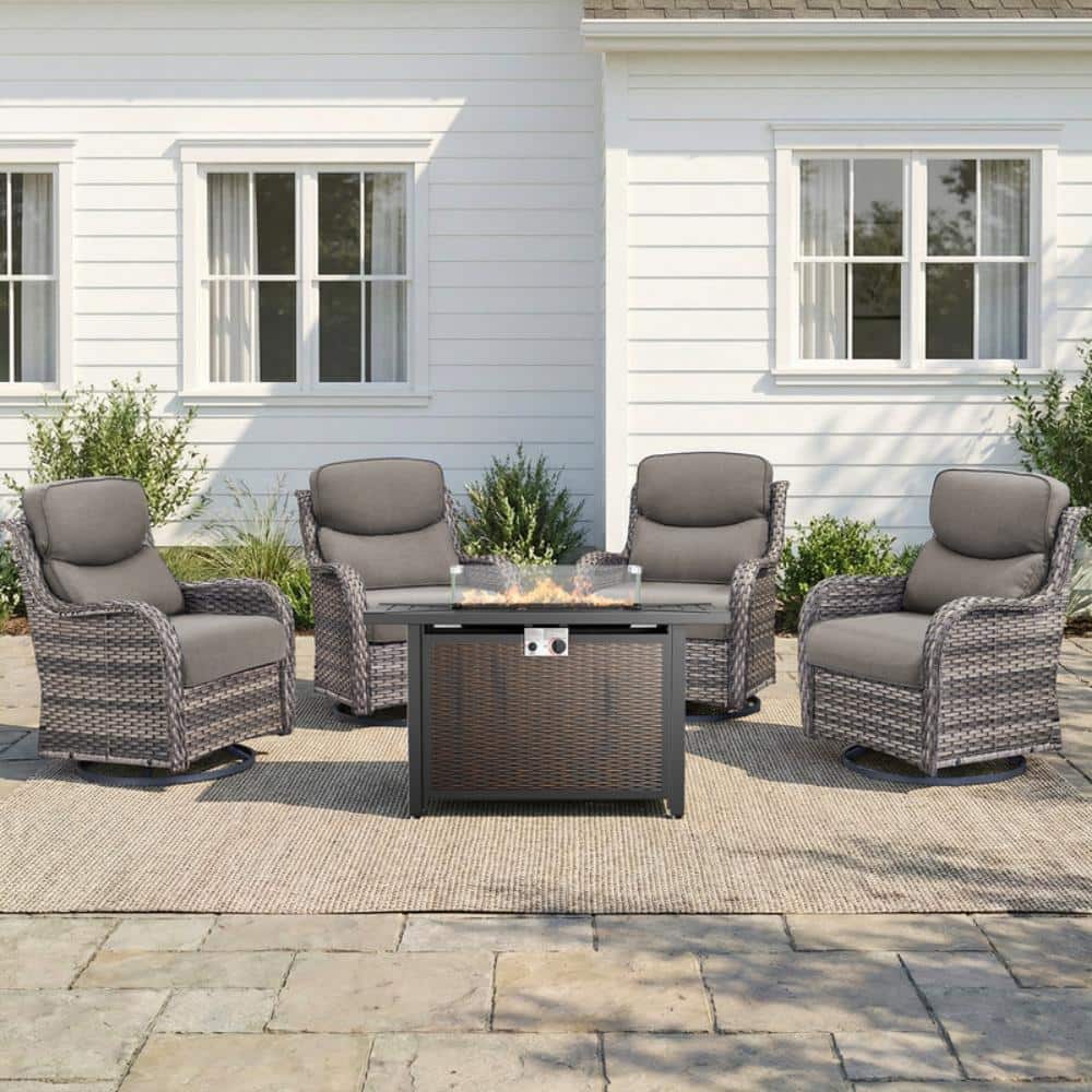 Smiley Gray Wicker 5-Piece Outdoor Fire Pit Table Patio Conversatoin Set with Swivel Glider and 5inch Gray Cushions price history on PriceWatchPro
