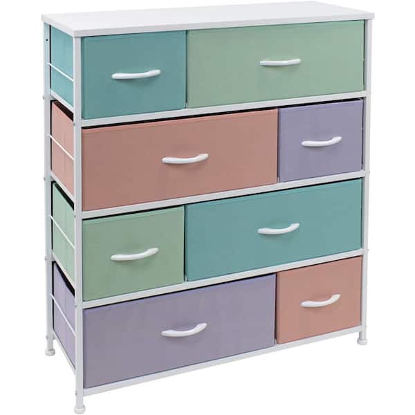 11.5 in. L x 34 in. W x 36 in. H 8-Drawer Pastel Dresser Steel Frame Wood Top Easy Pull Fabric Bins