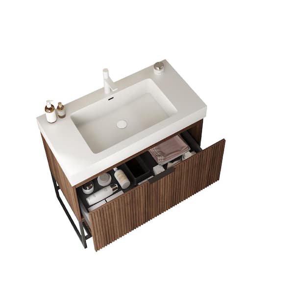 Baye 35 in. Freestanding Walnut Single Sink Bath Vanity with White Acrylic Top Unassembled