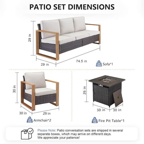 Cube Edge 4-Piece Brown Wicker Fire Pit Conversation Set with Olefin Beige Cushions and Couch/Patio Lounge Chairs