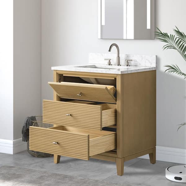 30 in. W Single Sink Freestanding Natural Oak Bath Vanity Cabinet with Arabescato White Engineered Marble Top