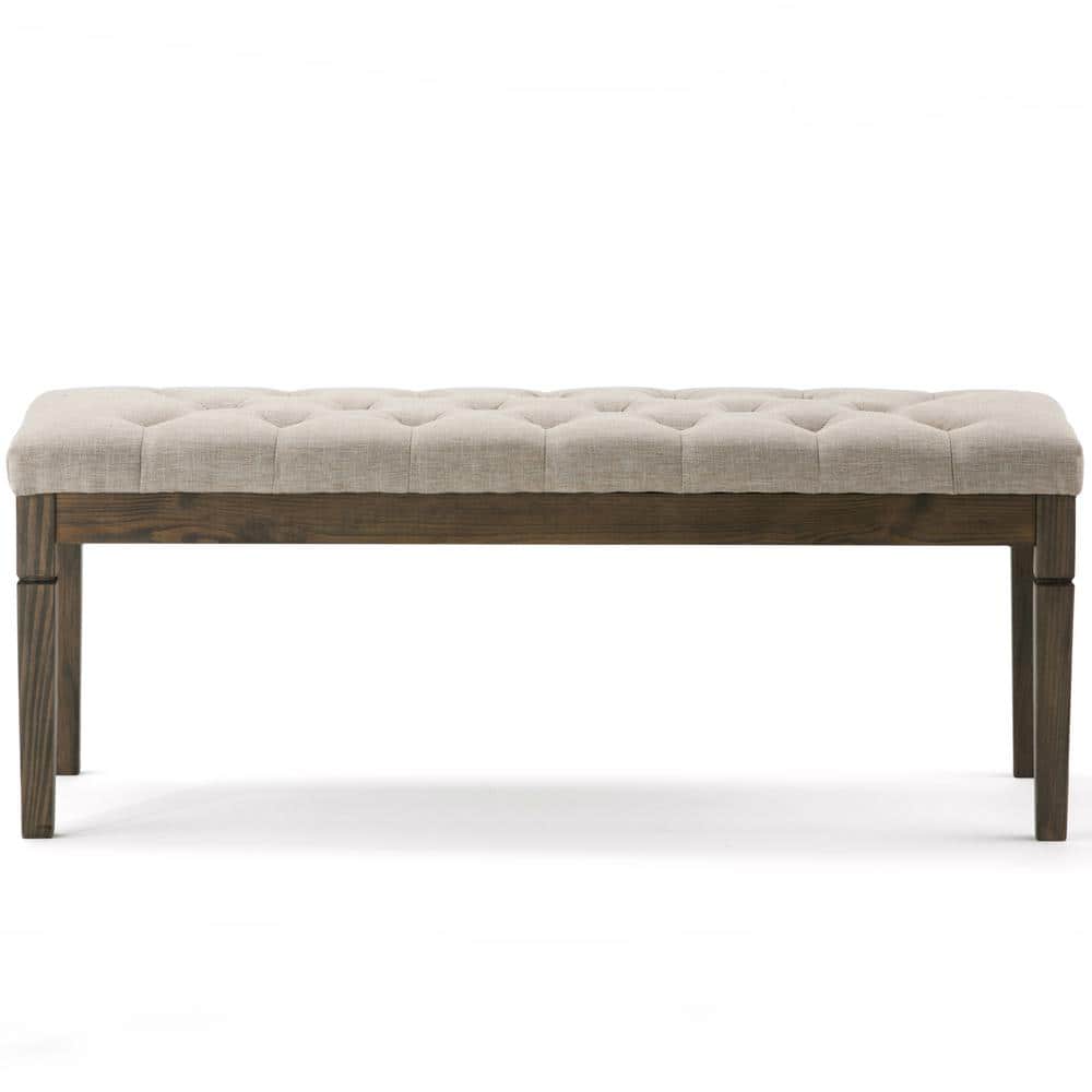 Elegant Natural Linen Tufted Pine Wood Rectangular Bench Ottoman