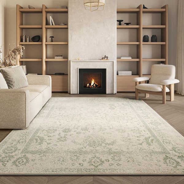 Adirondack 7 ft. x 7 ft. Square Ivory/Sage Border Distressed Area Rug