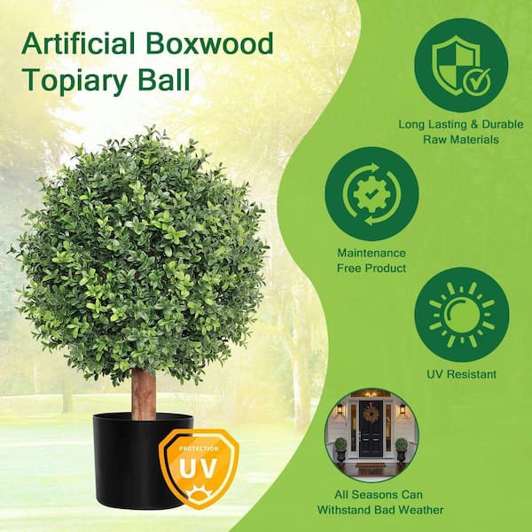 17.8 in Green Outdoor Artificial Boxwood Shrub Topiary Set UV