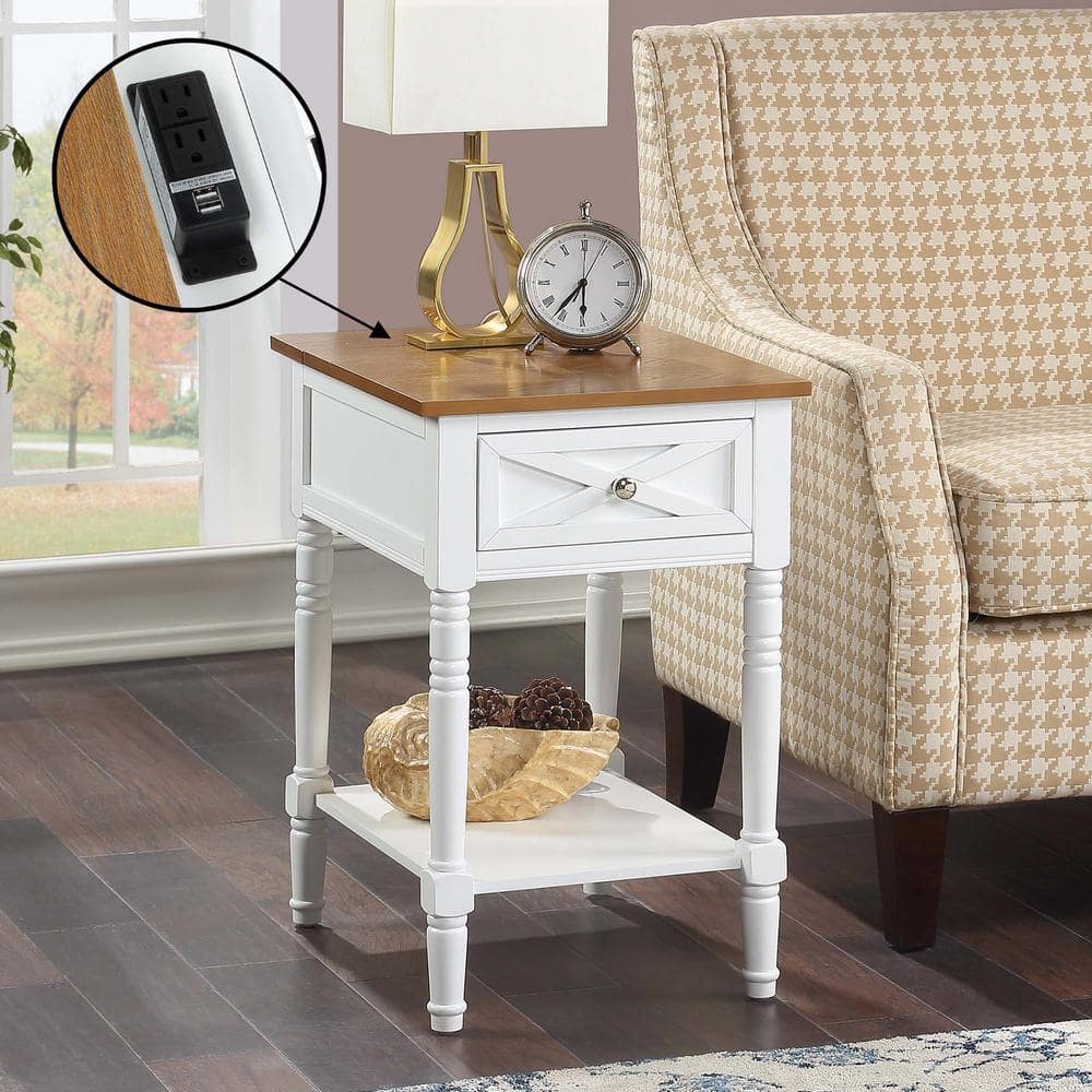Driftwood and White Country End Table with Built-In Charging Station