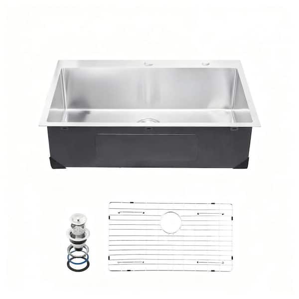 33 in. Drop-In Single Bowl 12 Gauge Silver Stainless Steel Kitchen Sink with Soundproofing and Drain Kit