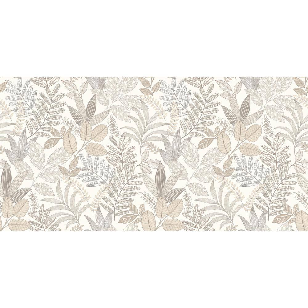 White and Beige Minimalist Leaves Tropical Wallpaper, Double Roll