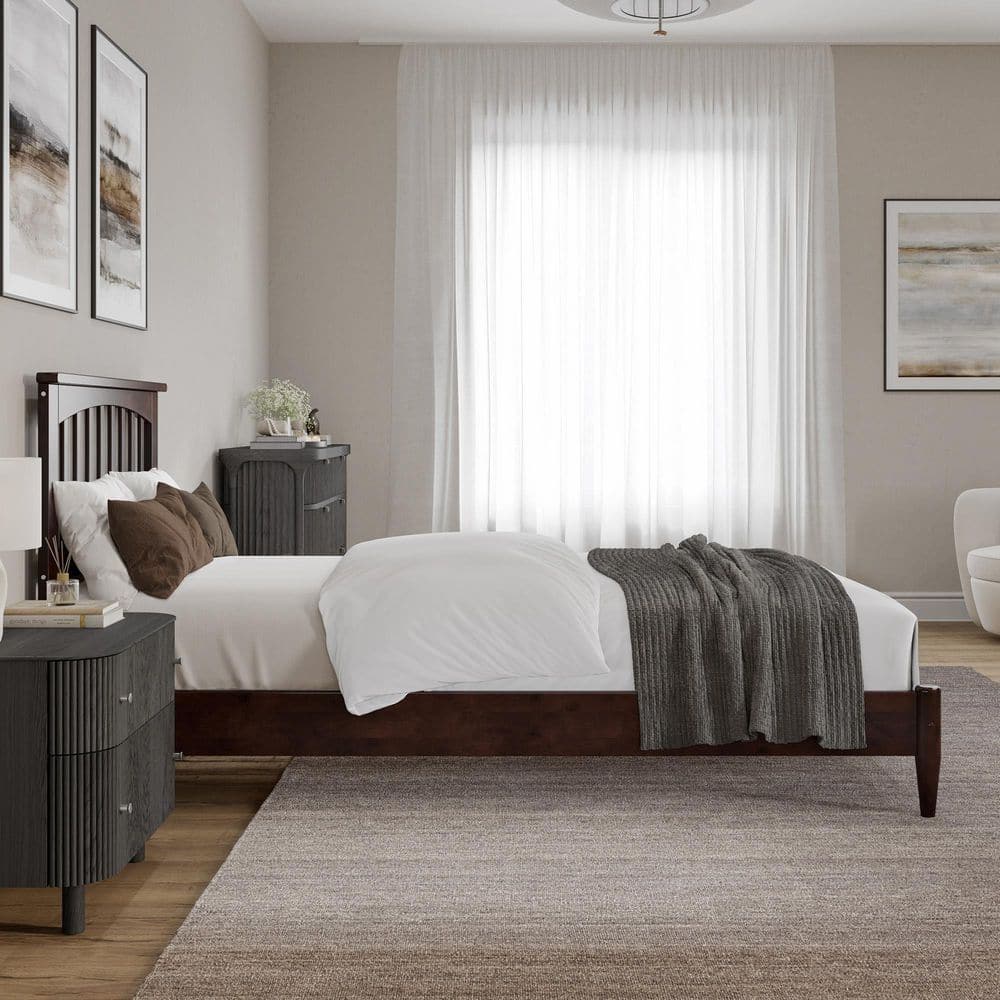 Becket Twin XL Walnut Wood Low Profile Platform Bed with Headboard