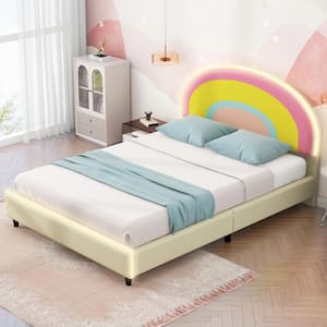 Beige Wood Frame Twin PU Upholstered Platform Bed with Rainbow Shaped and Height-Adjustbale Headboard, LED Light Strips