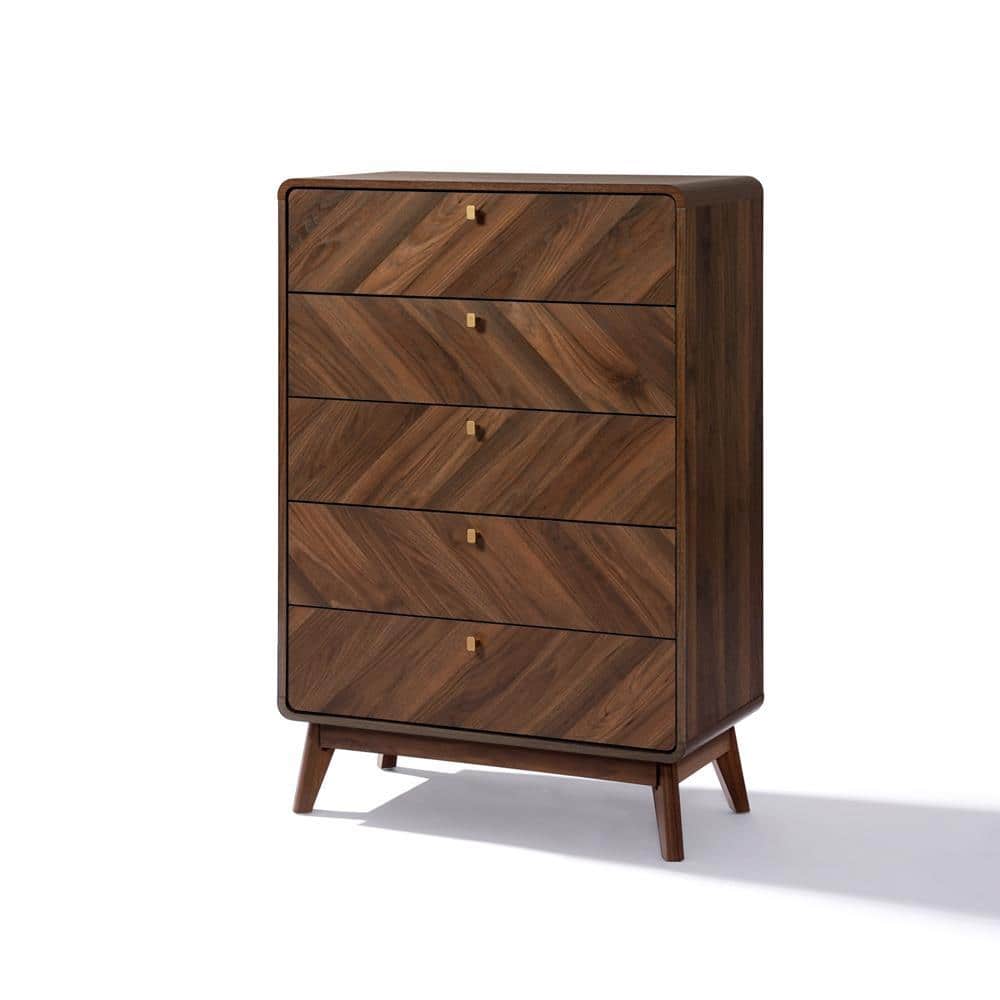 Walnut Brown Mid-century Modern 47.5-Inch Tall 5-Drawer Chest