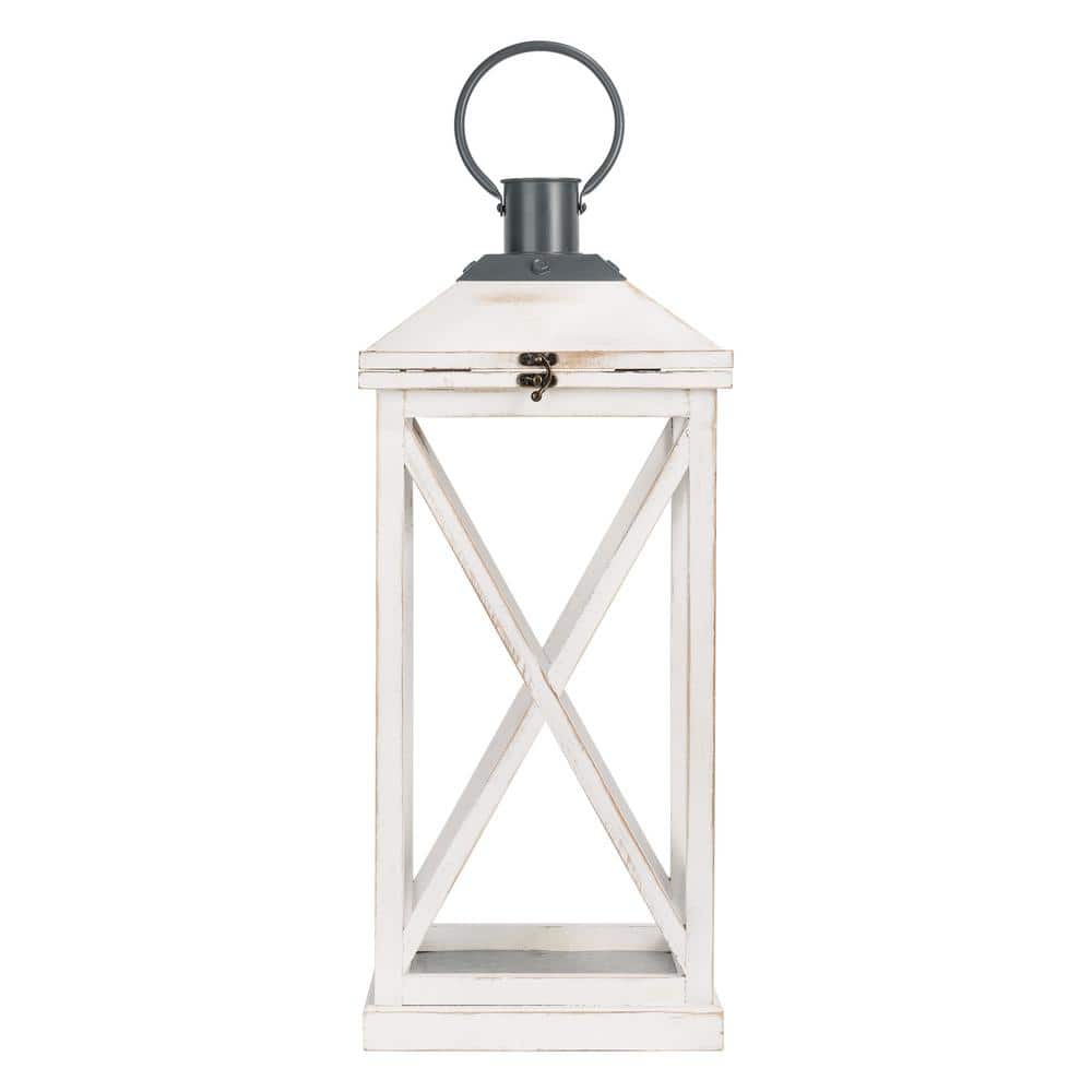 Set of 2 White Wooden Tabletop Candle Lanterns with Metal Top