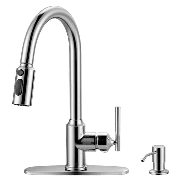 IKebana Brushed Nickel Pull Out Kitchen Faucet – Stainless Steel RV Sink Faucet With Sprayer, Fits 1 Or 3 Holes, Deck Plate & Supply Hoses Included