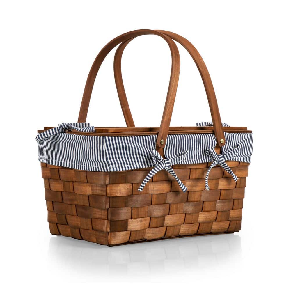 Picnic Time Kansas Navy Blue and White Stripe Handwoven Wood Picnic Basket 350-01-211-0000