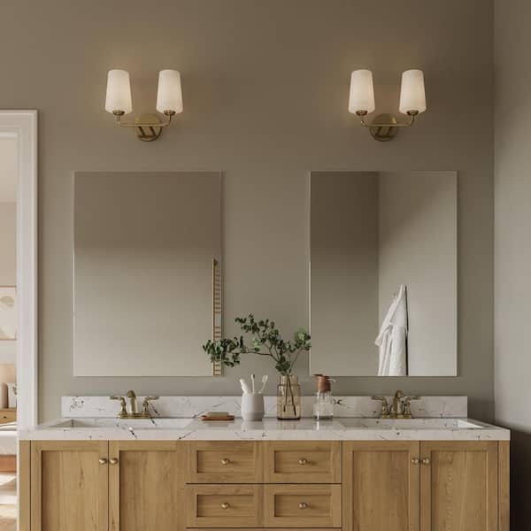 Celino 14 in. 2-Light Champagne Bronze Bathroom Vanity Light with White Glass Shade