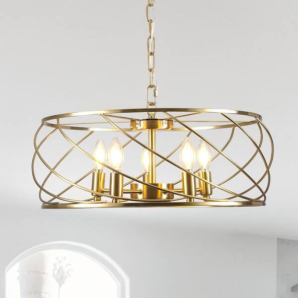 Oaks Aura Lumiera 20 in. 5-Light French Gold Modern Industrial Caged Chandelier with Adjustable Chain Dinning Room, Kitchen Island