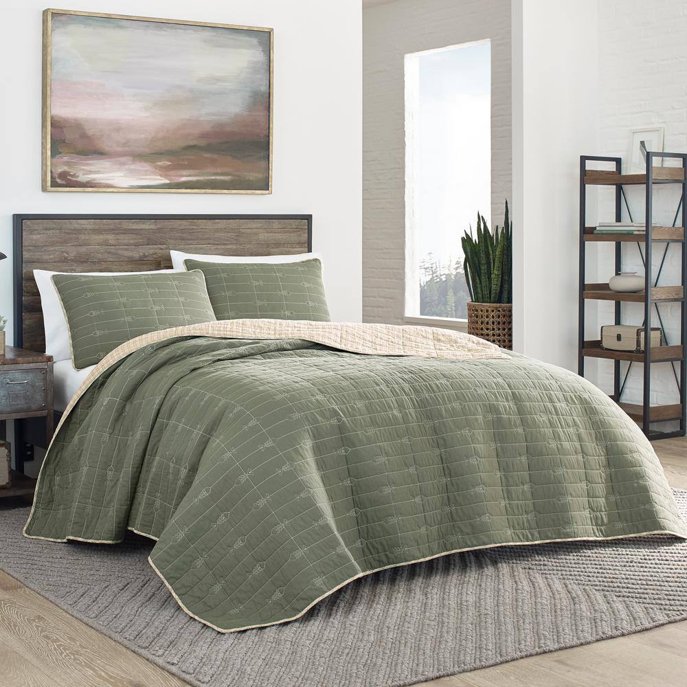 Eddie Bauer Troutdale 3Piece Green Striped Cotton King Quilt
