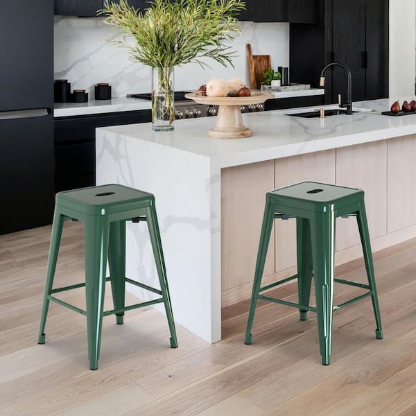 Bar Stools 24 in. H Dark Green Backless Metal Bar Stool with Seat Metal (Set of 2)