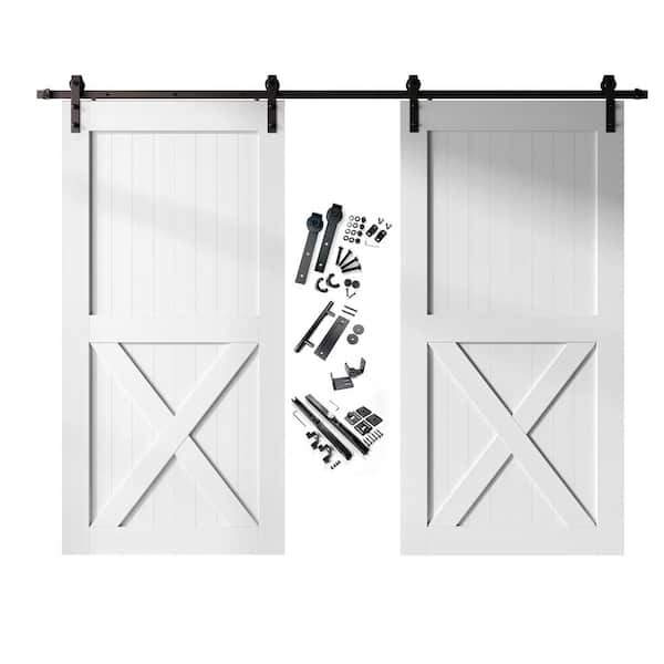 HOMACER 42 in. x 96 in. X-Frame White Double Pine Wood Interior Sliding Barn Door with Hardware Kit, Non-Bypass