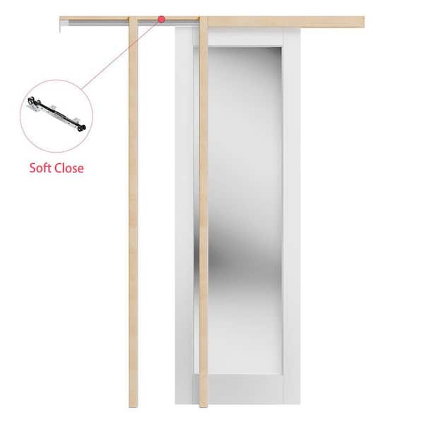 24 in. x 80 in. White Primed Solid Wood 1-Lite Mirror Glass Sliding Pocket Door with Soft Close, Frame and Hardware