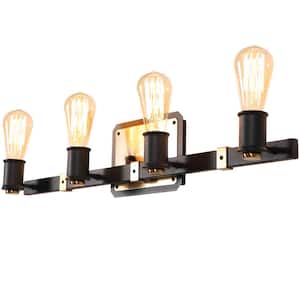 27.5 in. 4-Light Matte Black Industrial Wall Mount Sconce Light with Modern Gold Metal Accent
