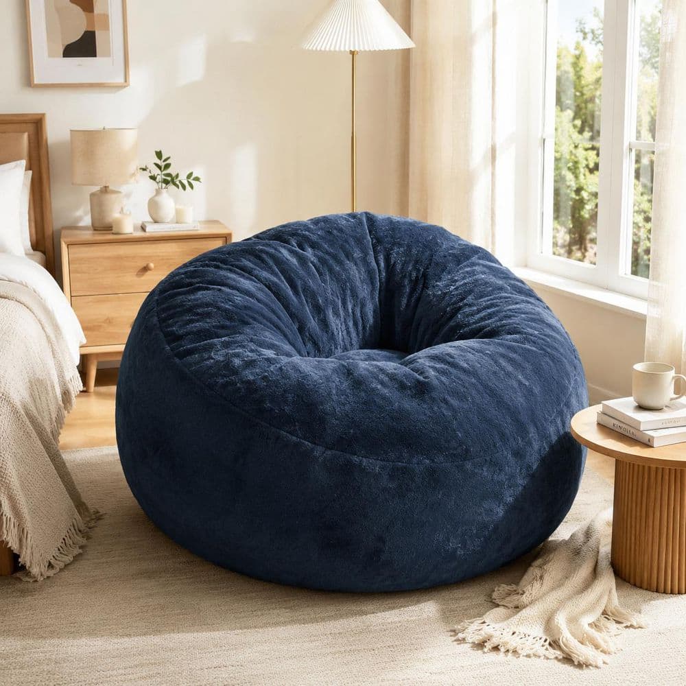 Blue Fabric Ultra-Comfort Ergonomic Oversized Fluffy Plush Floor Lounge Seat Bean Bag for Living Room Bedroom