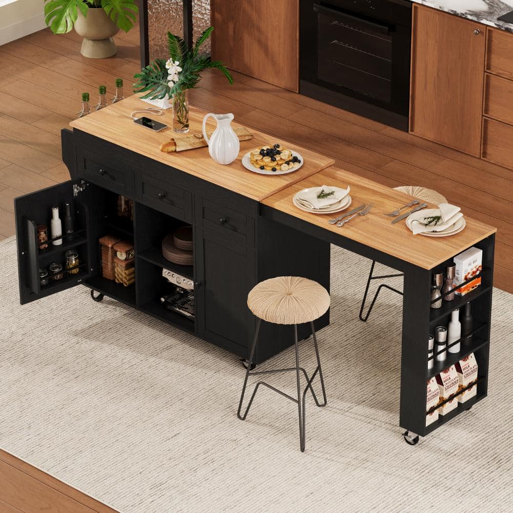 "85.5"" Rolling Kitchen Island, Extendable Dining Top, Power Outlet, 3 Side Racks, 3 Drawers 2 Doors, Black" price history on PriceWatchPro