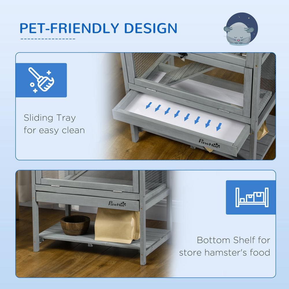Grey Wooden Hamster Cage with Storage Shelf and Ramp