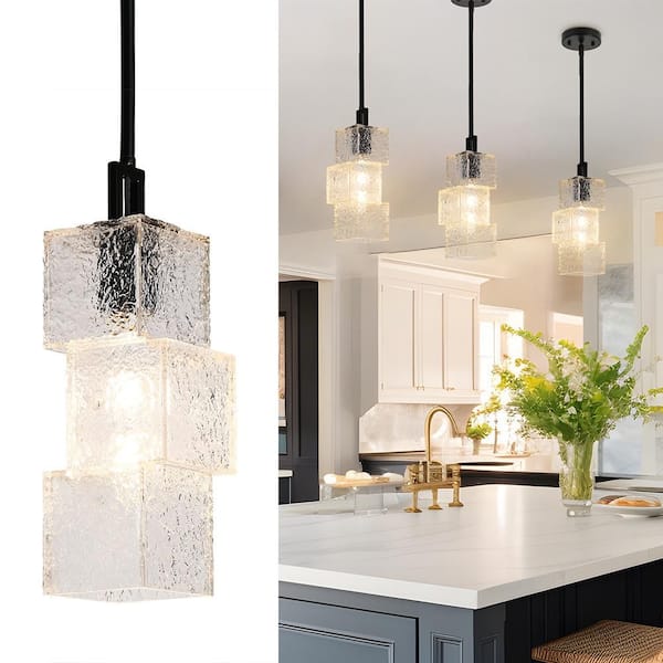 Modern Farmhouse 1-light Black Kitchen Island Pendant Light, Hanging Light with Cube Water-Rippled Acrylic Shade