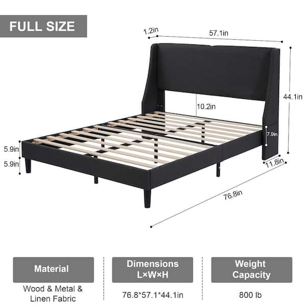 Upholstered Bed, Gray Metal Frame Full Platform Bed with Headboard and Wingback, USB and Type-C Ports